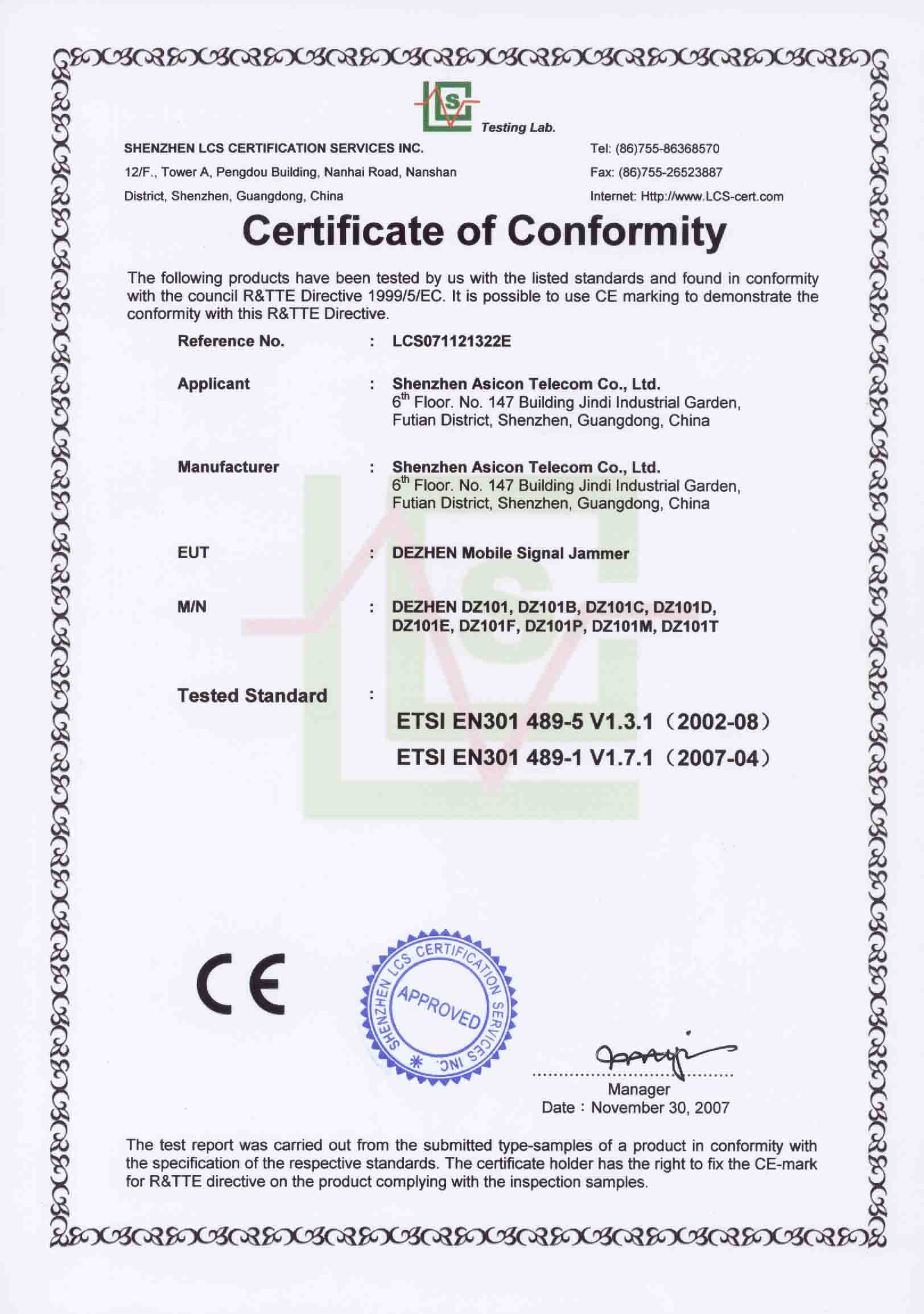 Shenzhen Dezhen Telecommunication Technology Co.,Ltd Certifications