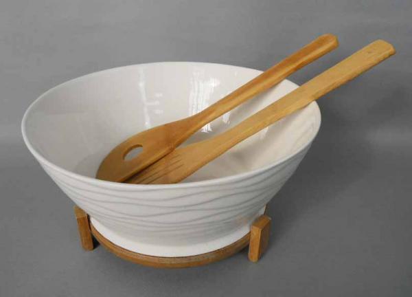 salad bowl with bamboo base, white porcelain 