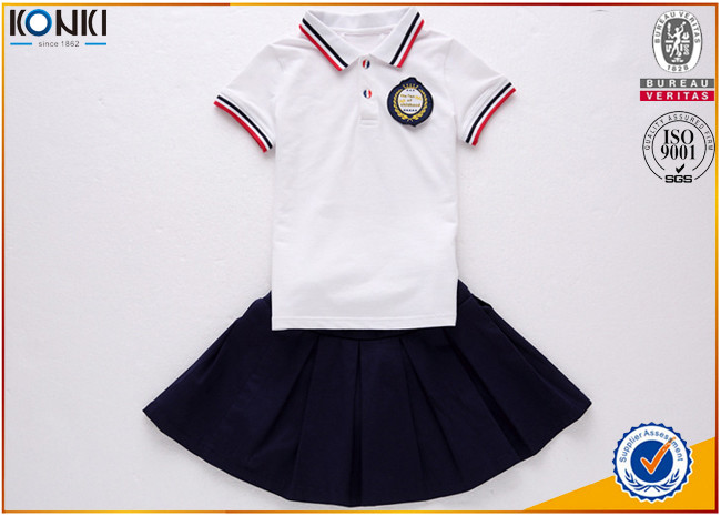 China Custom school uniform polo t shirts with stripe collar and cuff for boys and girls wholesale