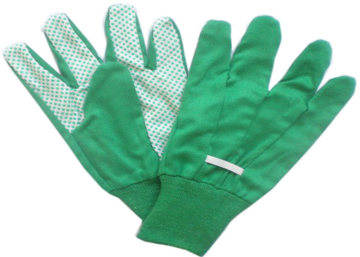 China Cotton / Poly Garden Working Glovs With Knit Wrist & Green Pvc Dots On Palm wholesale