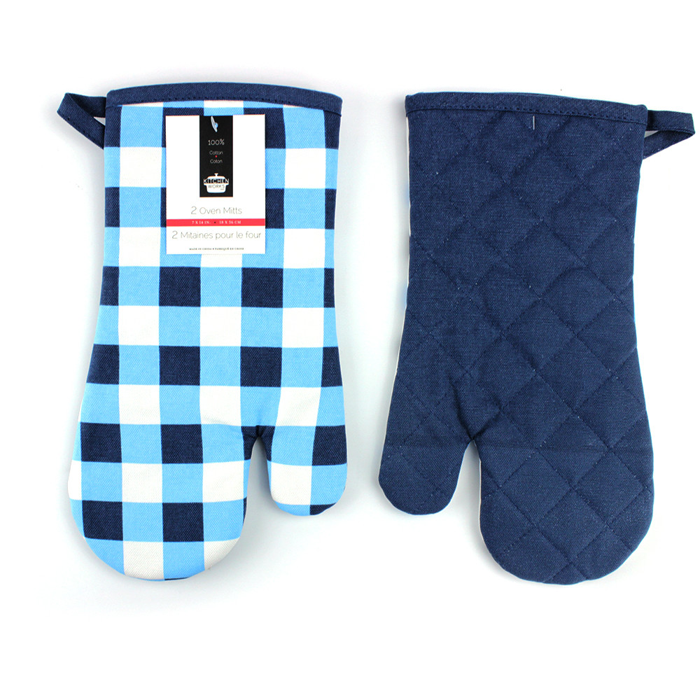 China Blue Check Print Canvas Poly Cotton Cheap Custom Microwave Glove Oven Mitt wholesale