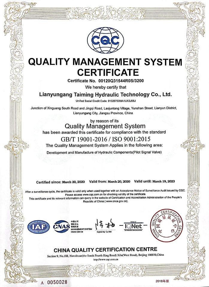 Jiangsu Taiming Hydraulic Technology Co., Ltd Certifications