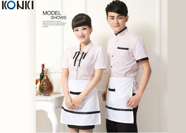 China Casual Restaurant Staff Uniforms , Custom Short Sleeve Stripe Shirt wholesale