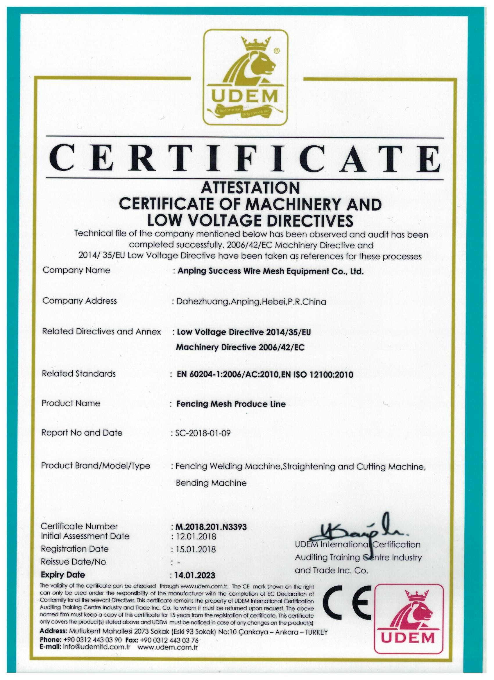 Anping Success Wire Mesh Equipment Co.,Ltd Certifications