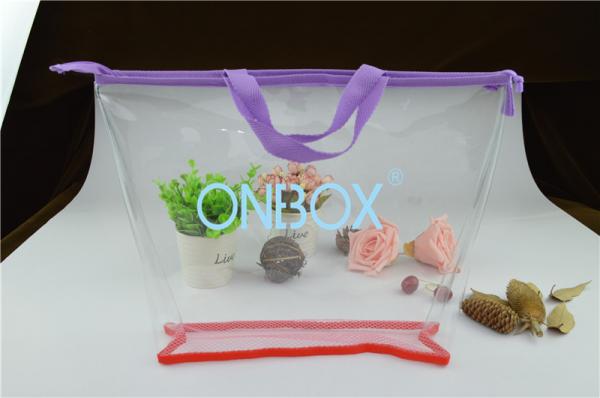 Ladies Cosmetics High Clear PVC Bag / Carrying Bag With Purple Zipper Closure