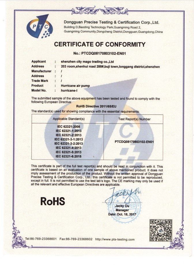 Shenzhen Mago Trading Co., Ltd. Certifications