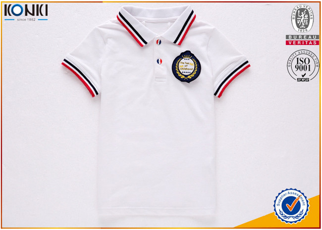 Custom school uniform polo t shirts with stripe collar and cuff for boys and