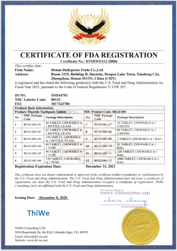 Henan Dailygreen Trade Co., Ltd. Certifications