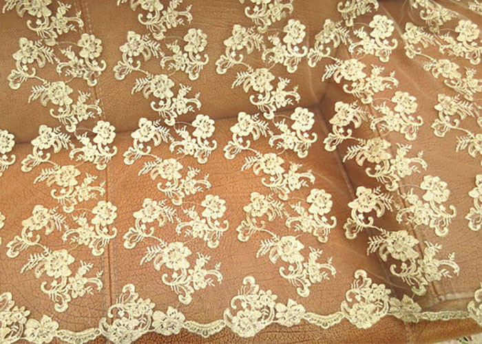 China Gold Retro Scalloped Corded Lace Fabric , Polyester Embroidered Floral Tulle Fabric wholesale