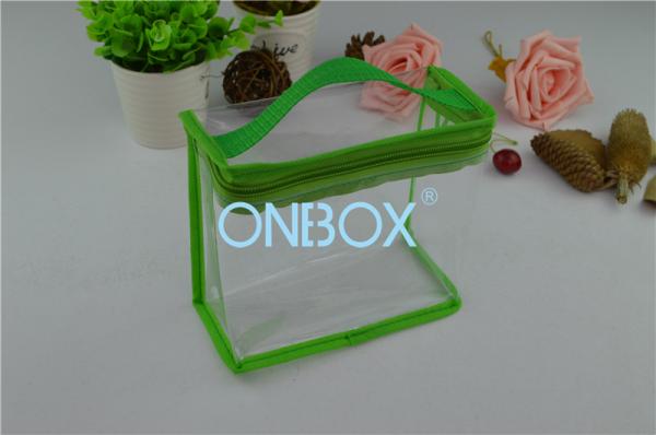 Fashion Carrying Transparent PVC Zipper Bags With Green Borders / Handle