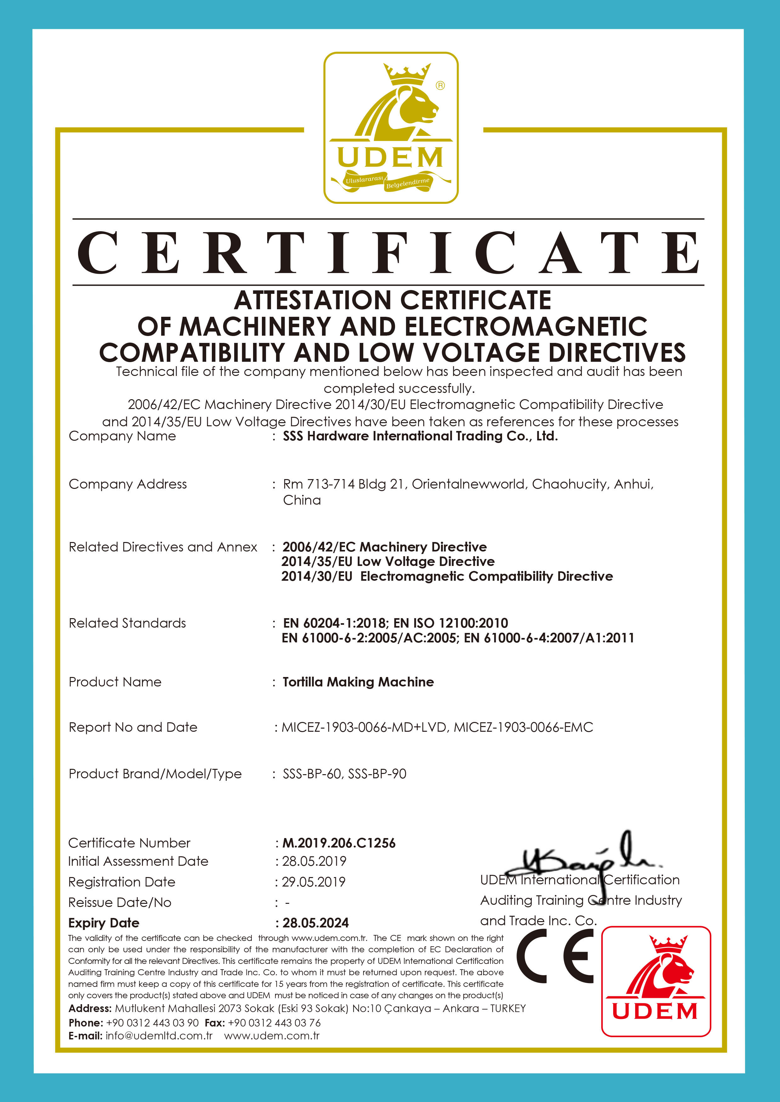 Anhui Sanaisi Machinery Technology Co., Ltd. Certifications