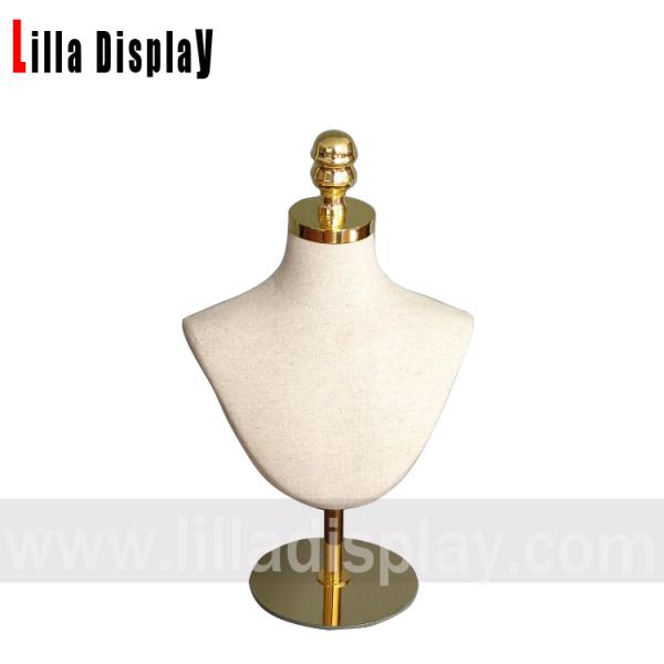 lilladisplay adjustable gold round base natural linen cover display female mannequin bust for jewelry display DBG01