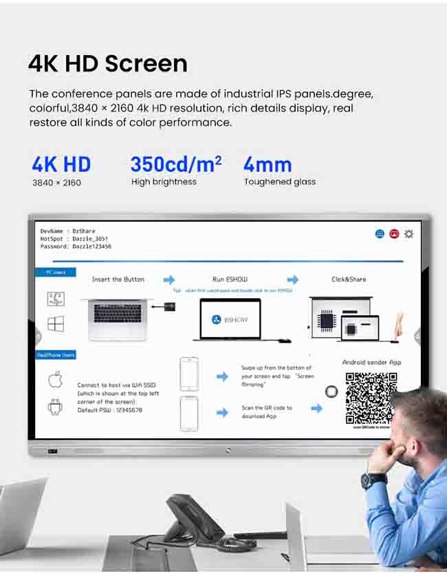110in Smart Interactive Flat Panel 4K UHD Panel Smart Board With Android Windows System