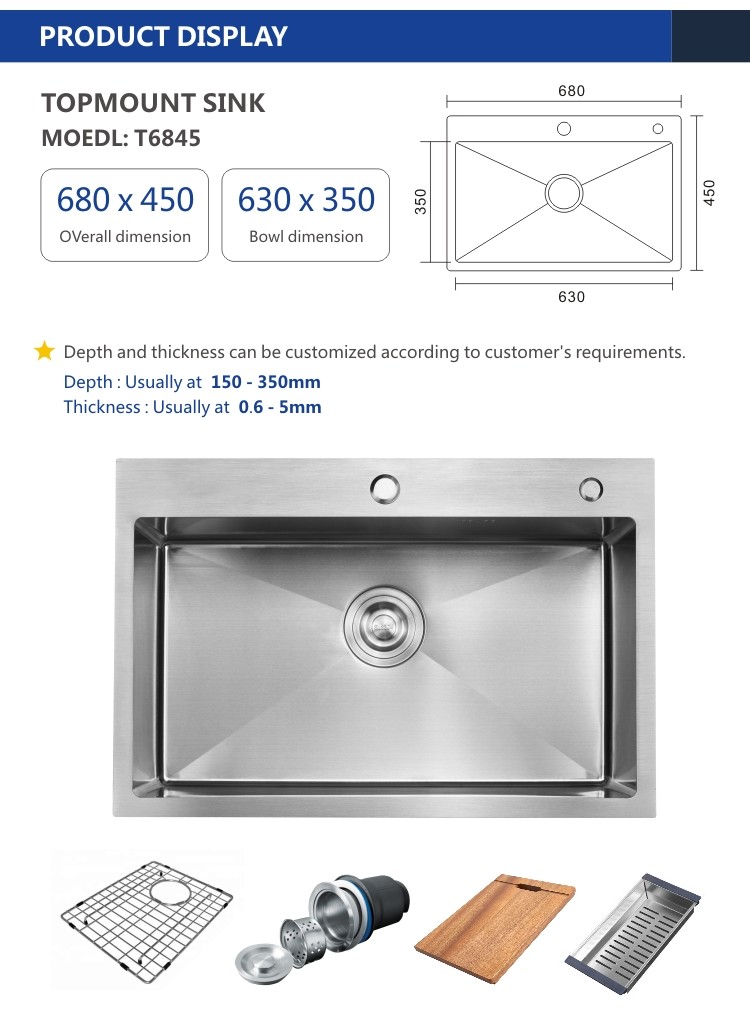 Topmount Stainless Steel Kitchen Sink Brushed Single Bowl 18 Gauge 68x45