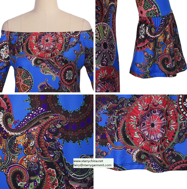 flower and phoenix patterns printed women fashion short dress with puff sleeve in off shoulder