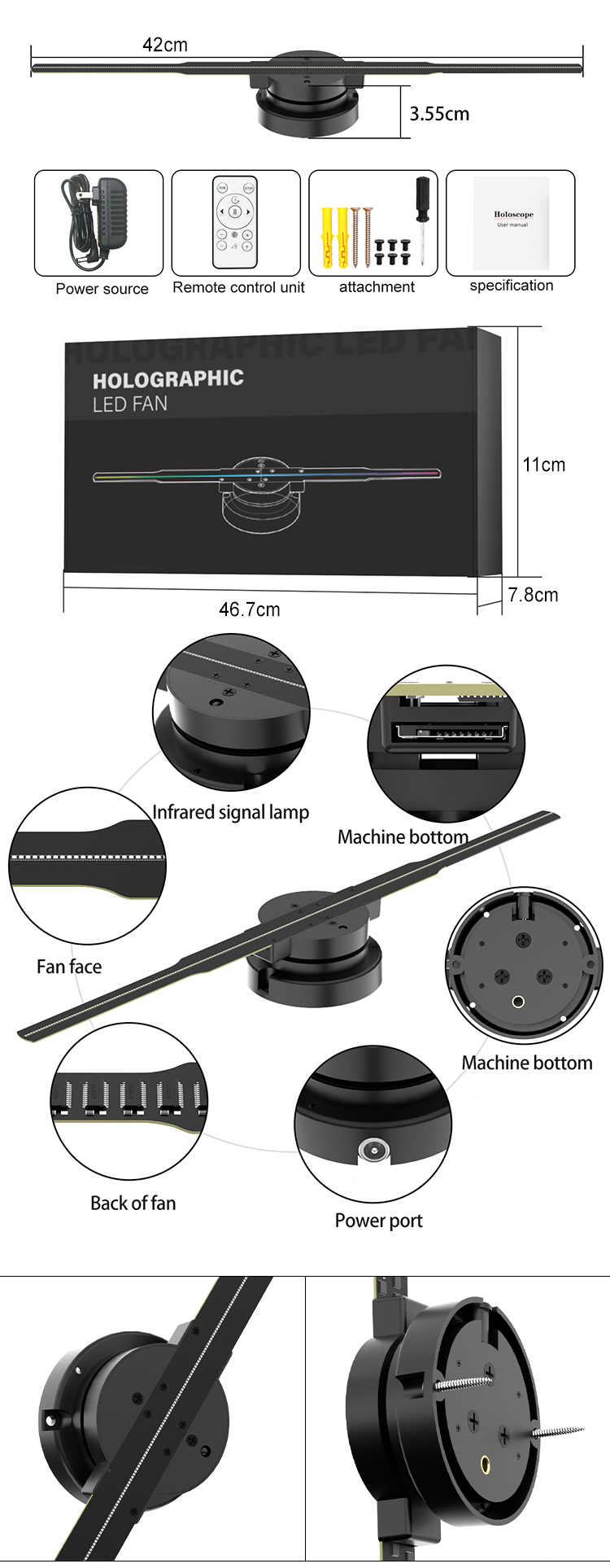MP4/AVI/RMVB/GIF/JEPG/PNG/MKV Compatible 3D Hologram Fan 42cm for Outdoor Advertising