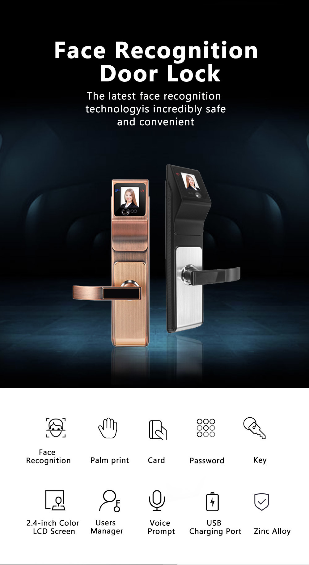 Security Big Panel Fingerprint Zinc Alloy Door Lock IR Face Recognition