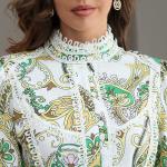 Ethnic Long Sleeves Lace Up Floral Dress Belted Crew Neck