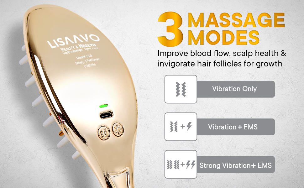 Gold EMS Microcurrent Hair Brush 5V 1A Rechargeable LED Therapy Comb