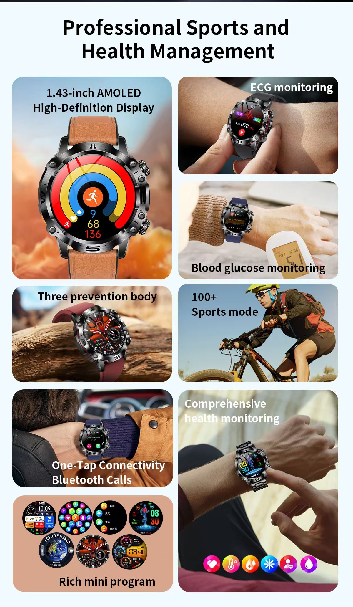 ET482 Smart Watch 1.43inch Amoled heart rate Monitor BT Call ECG HRV SOS For Elder
