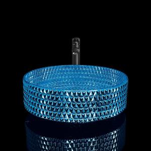 China Electroplated Blue Modern Glass Wash Basin , Blue Glass Vessel Sink wholesale