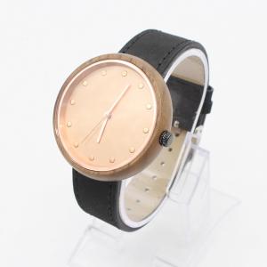 China Round Leather Strap Watches Womens Water Resistant Quartz Wood Face wholesale