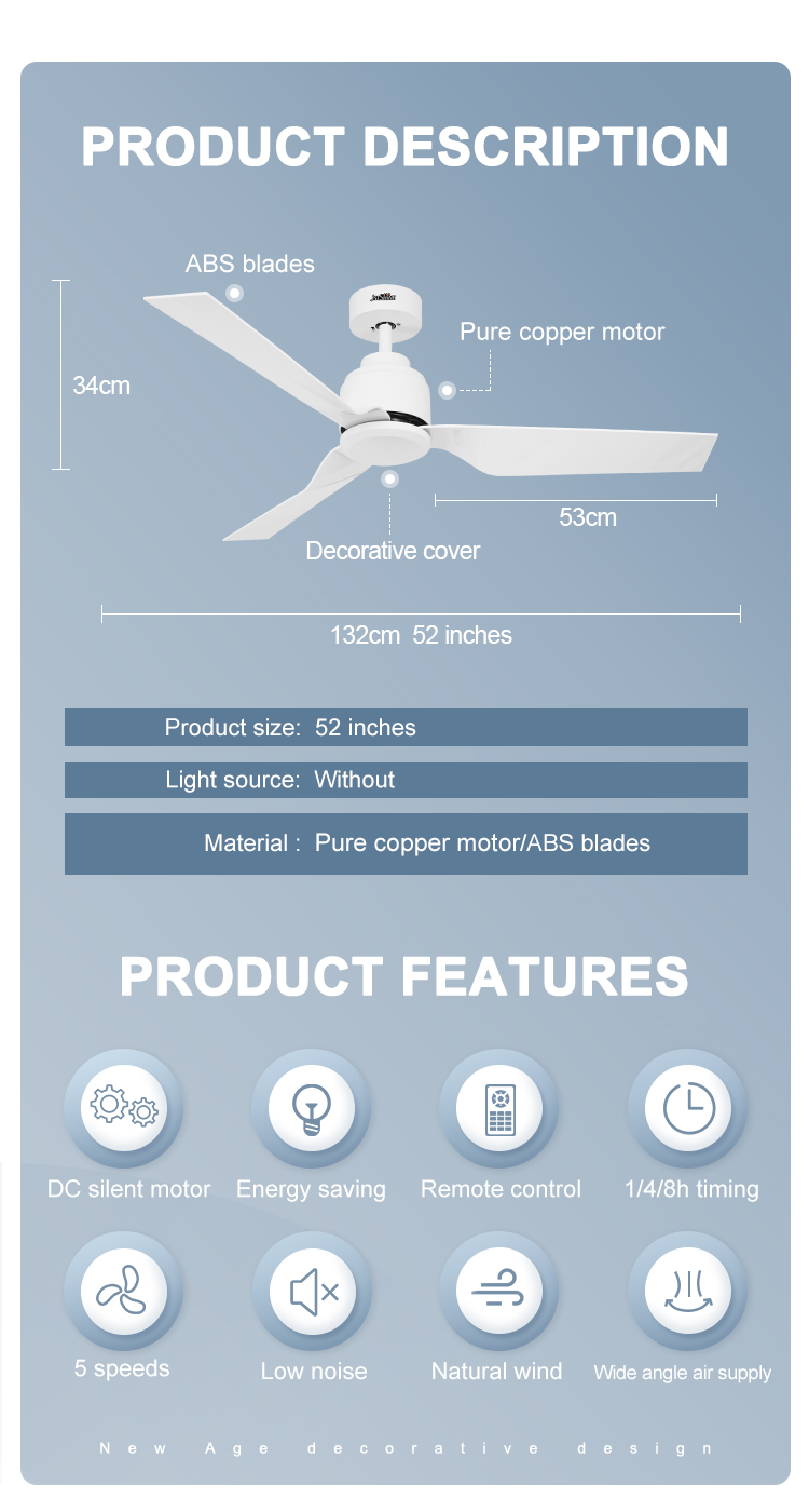 Class A Energy Efficiency Rating 52 Inch/OEM 1stshine Ceiling Fan Modern 220V DC 5 Speed