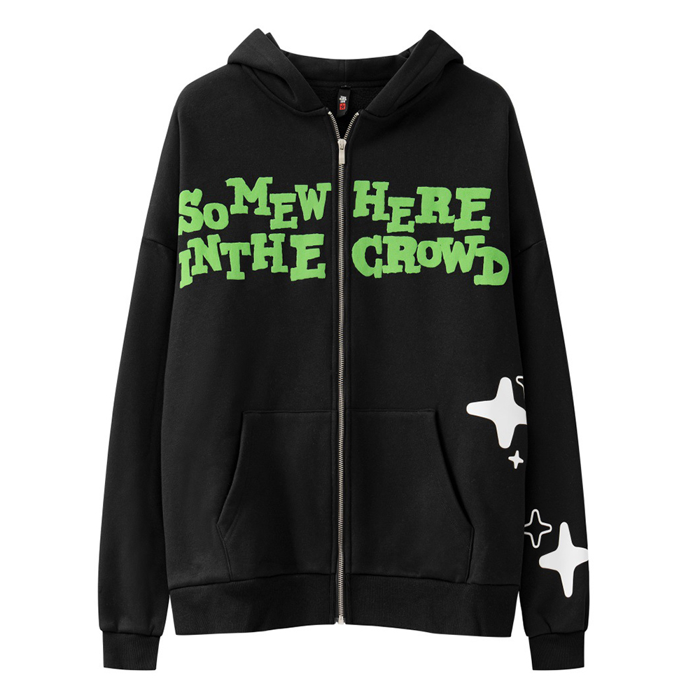 Custom Unisex Y2k Streetwear Zipup Hoodie with 3D Puff Print and Full Zip Closure