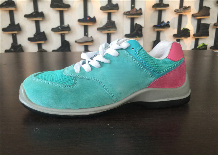 Sky Blue Ladies Safety Shoes Suede Leather Upper Pink Collar For Summer