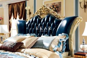 China Luxury Classic Design Wooden Carved Upholstered Leather King Size Bed wholesale