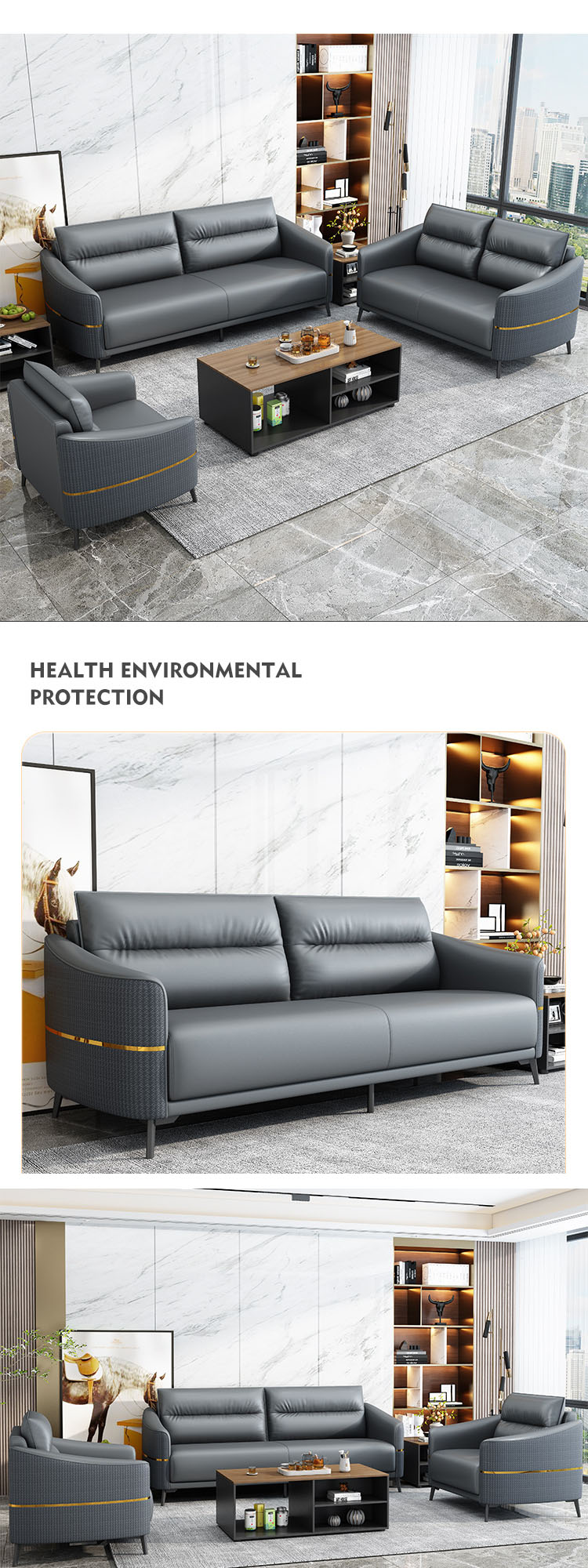 GENUINE Leather Modern Office Sofa Set Reception Sofa for Contemporary Office Talks