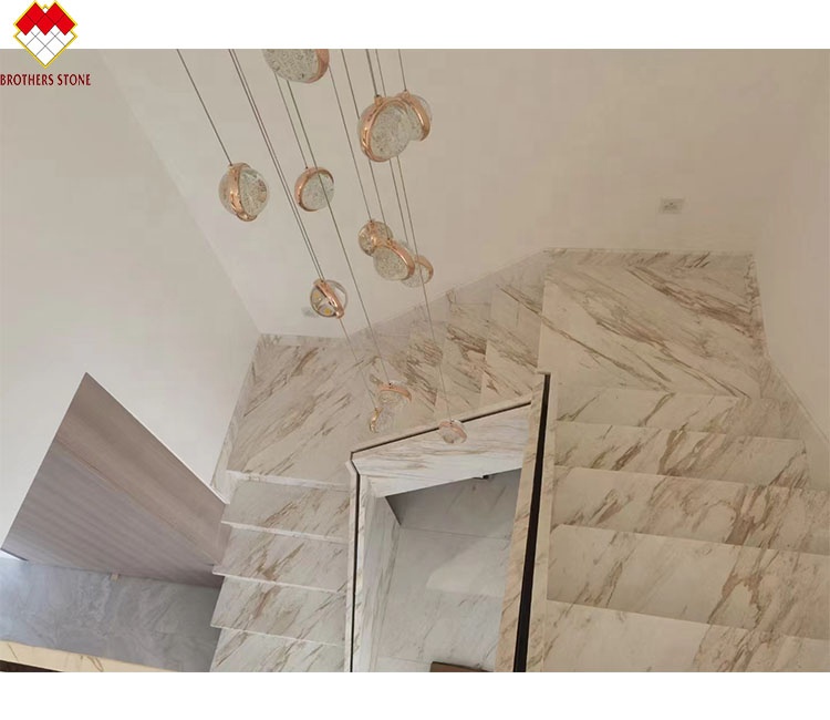 Customized Size Venus Gold Calacatta Marble Spiral Staircase Tread Indoor Modern LED Light and Anti-Slip Design