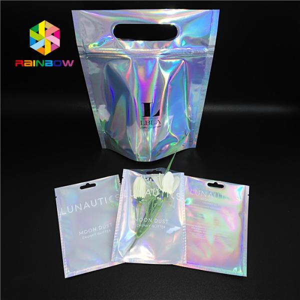 Hologram Zipper Customized Paper Bags Holographic Stand Up CMYK For Cosmetics