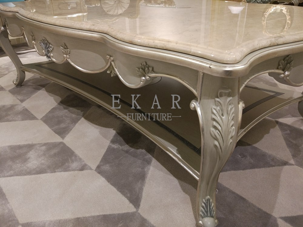 Luxury Elegant Hand Carved Marble Top With Wood Top Coffee Table For Sale