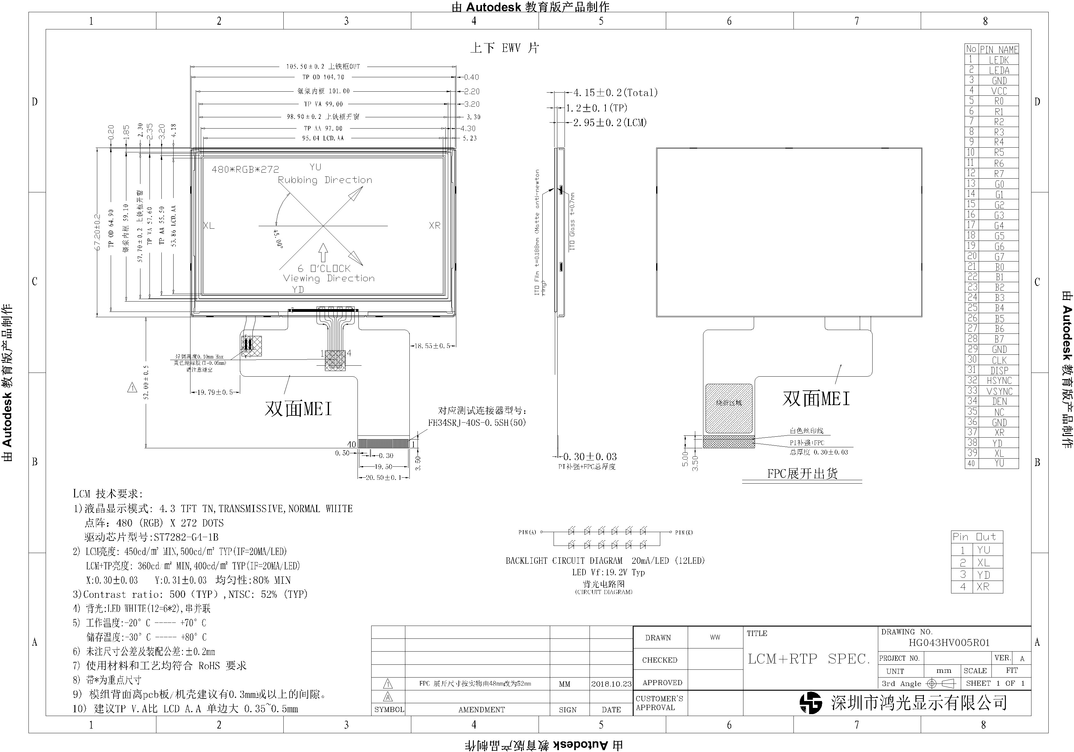 4.3 Inch 480x272 LCD Display TFT TN6 O'Clock Ultra Wide Perspective