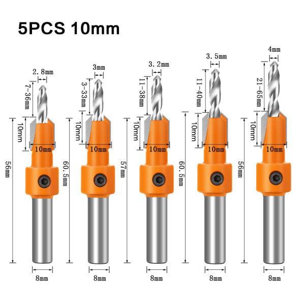 Yingba Hot Selling 8mm HSS Countersink Woodworking Router Bit Set Counterbore Drills with Screw Extractor Milling Cutter