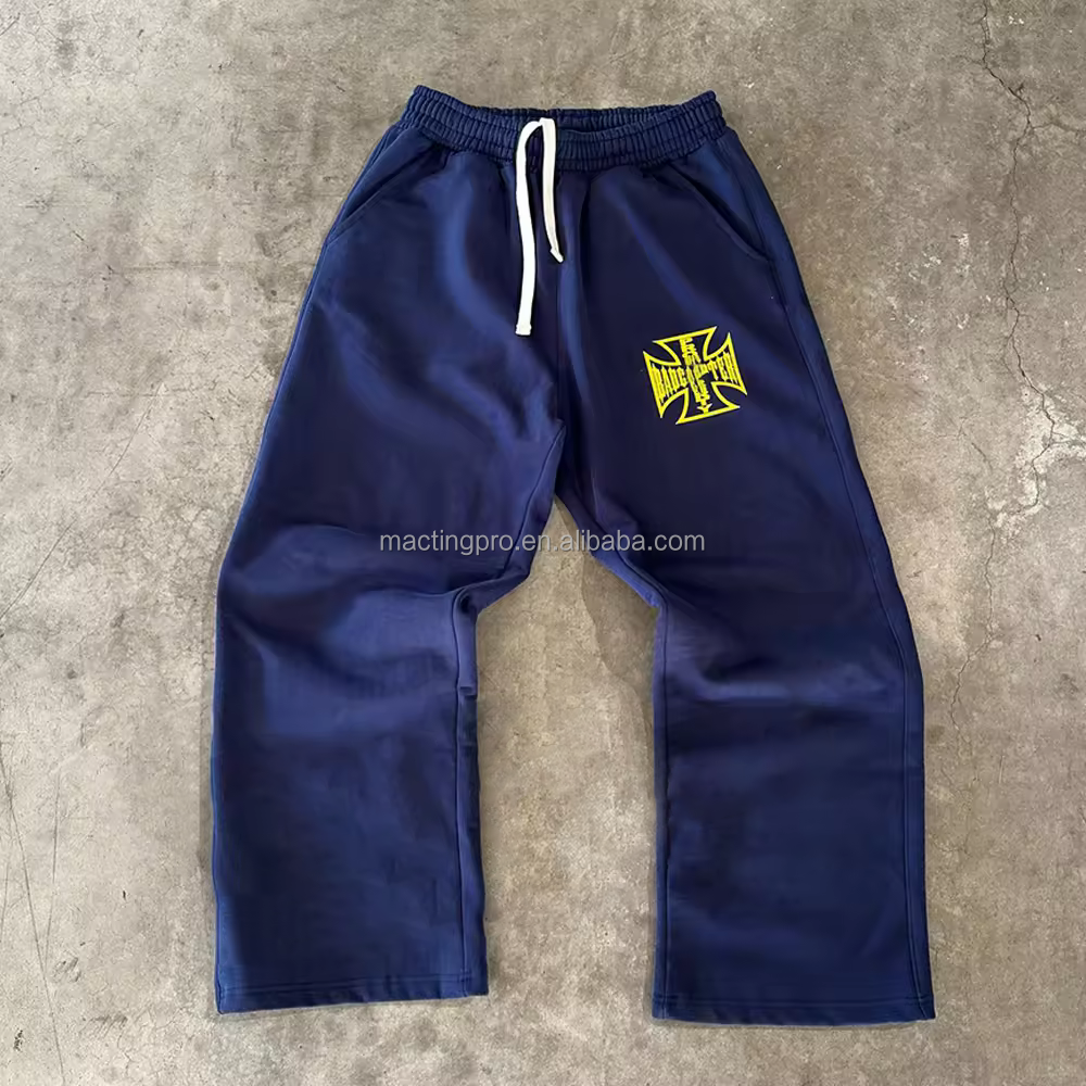 Street Style Custom Logo Acid Wash Sweatpants with Wide Straight Leg