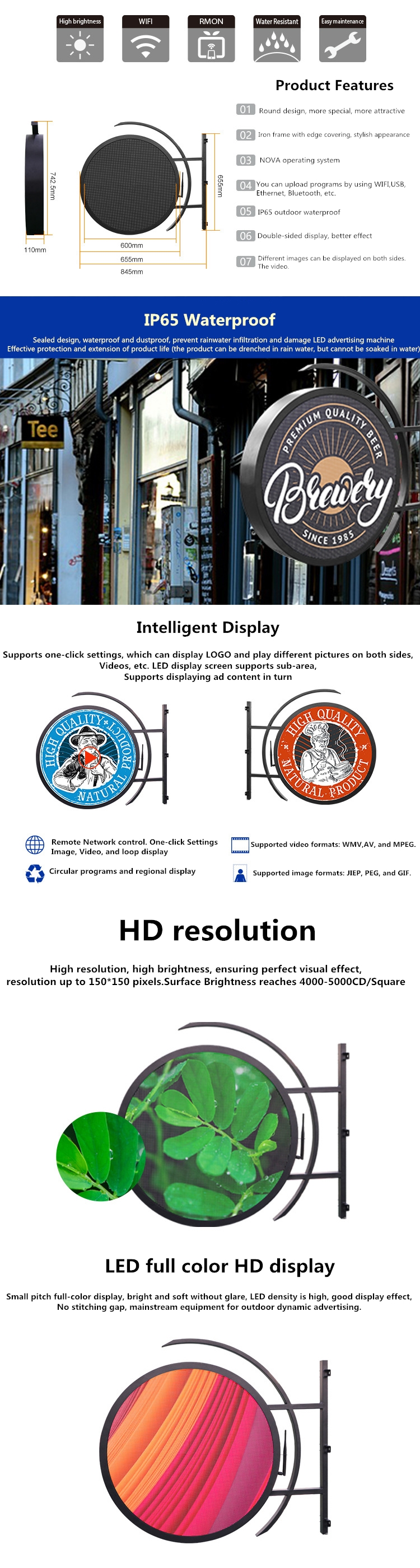 Electronic Led Advertising Display Screen Outdoor Round Led Screen 24 Inch FCC ISO