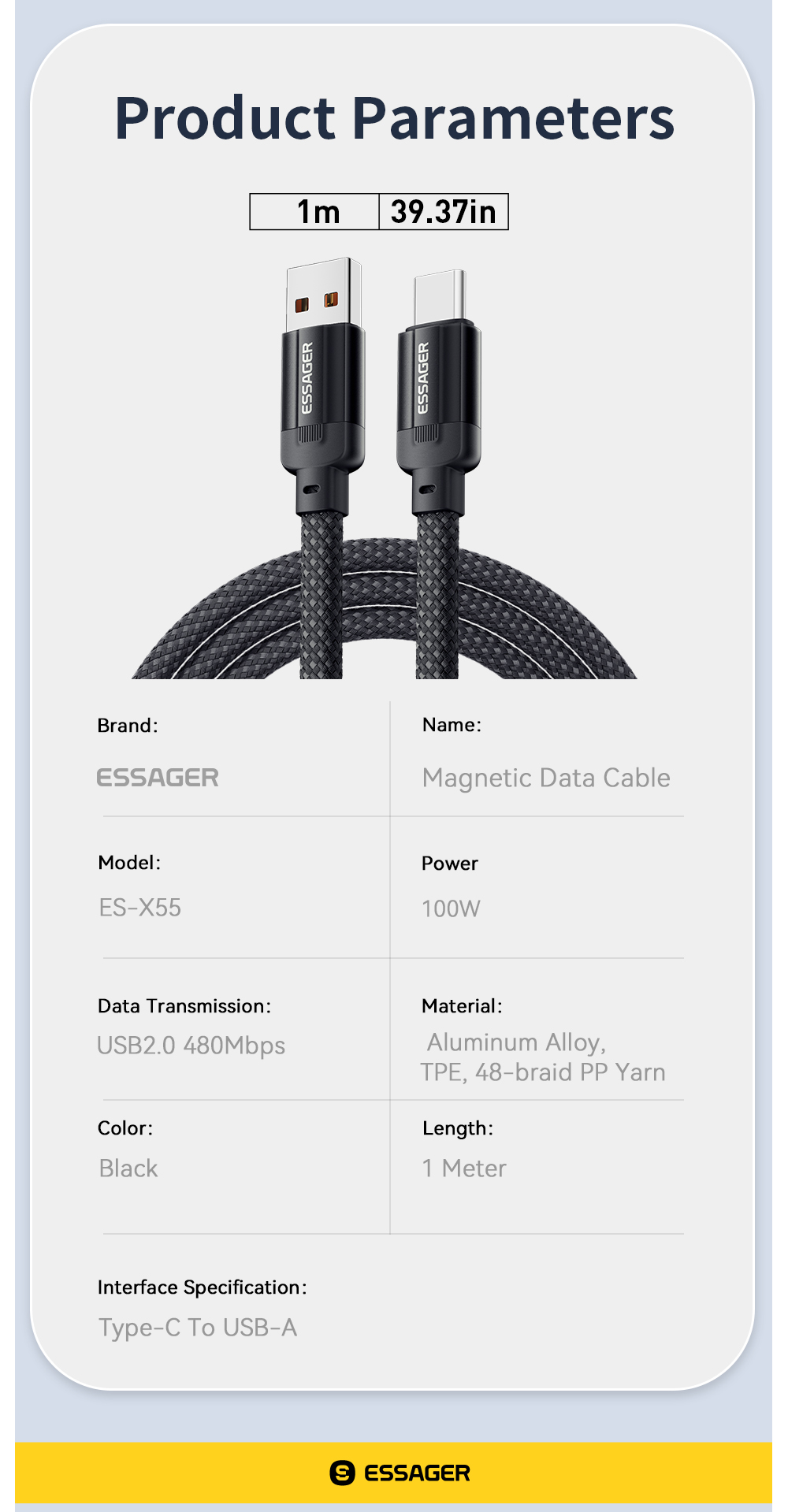 Magnetic Absorption Charging Cable Type C USB C to USB Cable 100W ES-X55 Series