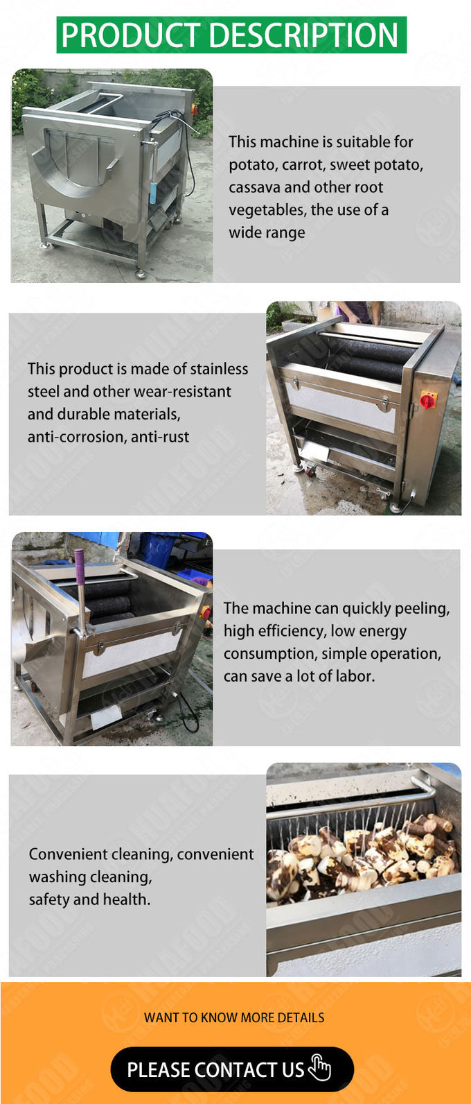 Brush Emery Cassava Peeler Machine 300kgs/H Bulb Vegetables