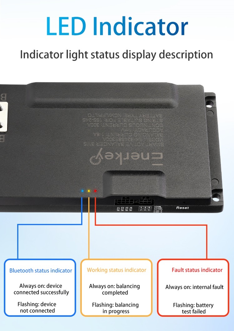 Enerkey 16S-24S 250A Lifepo4 BMS with 8A Active Balancer and BT/CAN Bus/RS485 for Li-ion/LTO/SIB Battery Power Cabinet