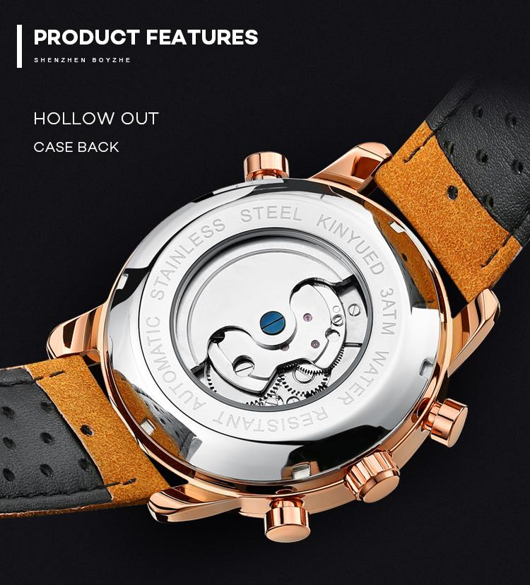 KINYUED J019-3 Private Label Gold Case Genuine Leather Auto Date Skeleton Tourbillon Automatic Mechanical Wristwatches
