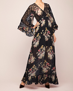 Fashion Design Empire Waist Floral Embroidered V-Neckline Maxi Woman Dress