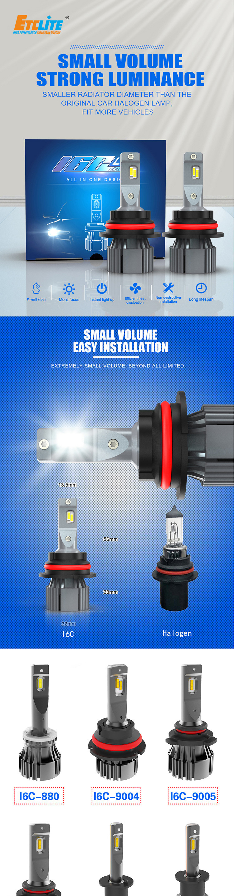 Etclite I6c 9004 Ip65 Car LED Headlight Bulbs 5000lm Hb2 Led Light Headlight