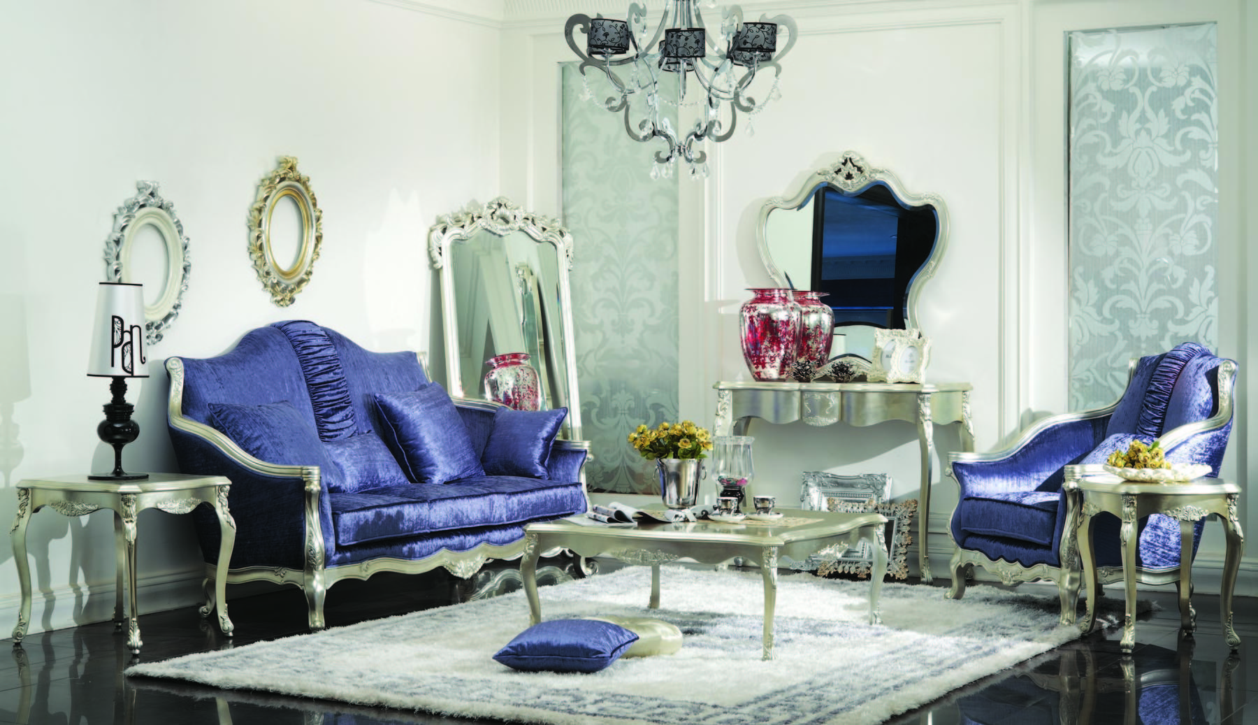 Dark Blue Luxury Living Room Furniture Sectional Velvet Modern American Sofas Sets