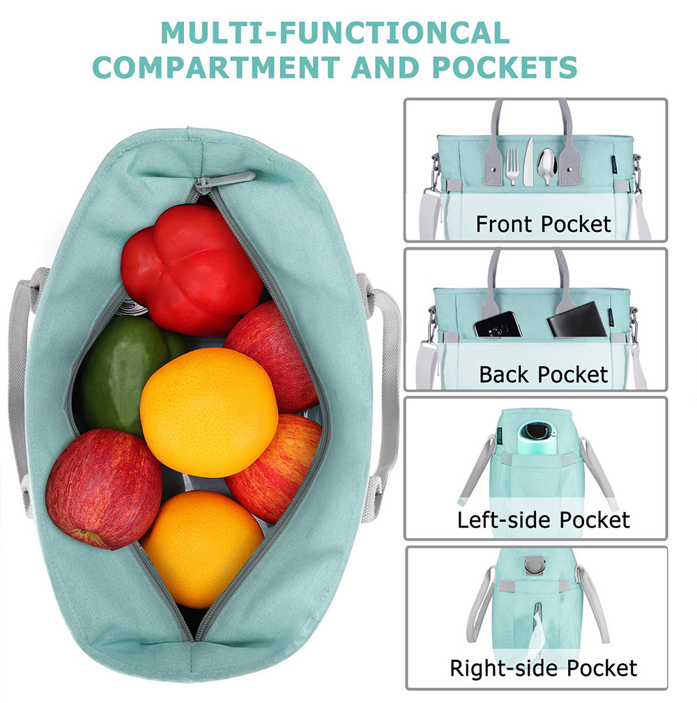 Large Tote Adult Lunch Box with Shoulder Strap, Side Pockets and Bottle Holder