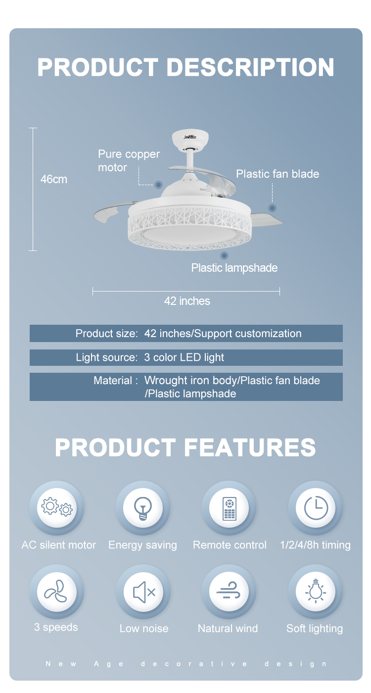Invisible Retractable Blade Ceiling Fan Low Watt AC 220V Remote Control Modern Design