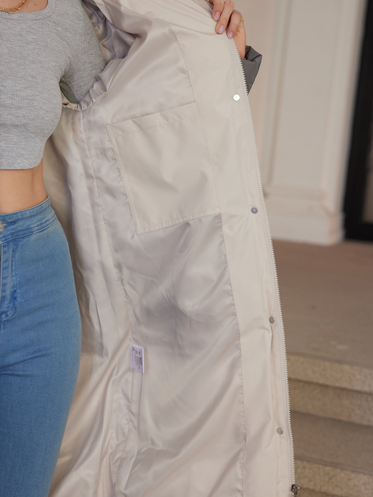 lower knees Length, Thickened Down / Cotton Jacket,  water proof, windproof black women coat, inside-outside contrast colours