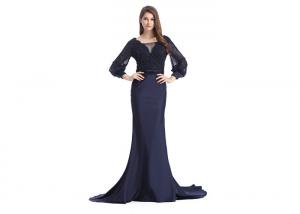 China Dark Blue Forging Fabric Chiffon Bridesmaid Dresses Fully Lined Lace Up Back wholesale