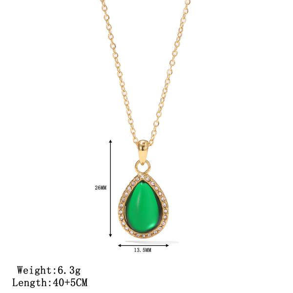 Stainless Steel Jewelry Necklace with Green Teardrop Stone Pendant in Silver and Gold